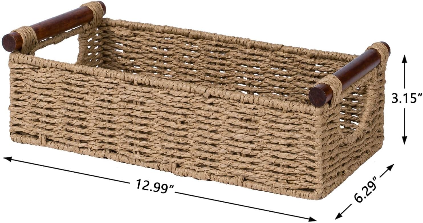 CubesLand Small Wicker Toilet Basket Tray Organizer W/Cut Out Handle, Handwoven Slim Decorative Basket for Countertop, Shelves And for Rustic Home Decor, Living Room, Nursery Organization, Neutral