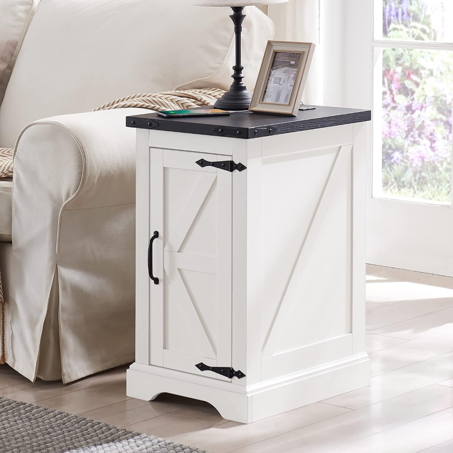 JXQTLINGMU Farmhouse Nightstand Set of 2 with Charging Station, 17" D Rectangular End Table with Barn Door & Adjustable Storage Shelf, Wood Rustic Sofa Side Table for Living Room, Bedroom, White
