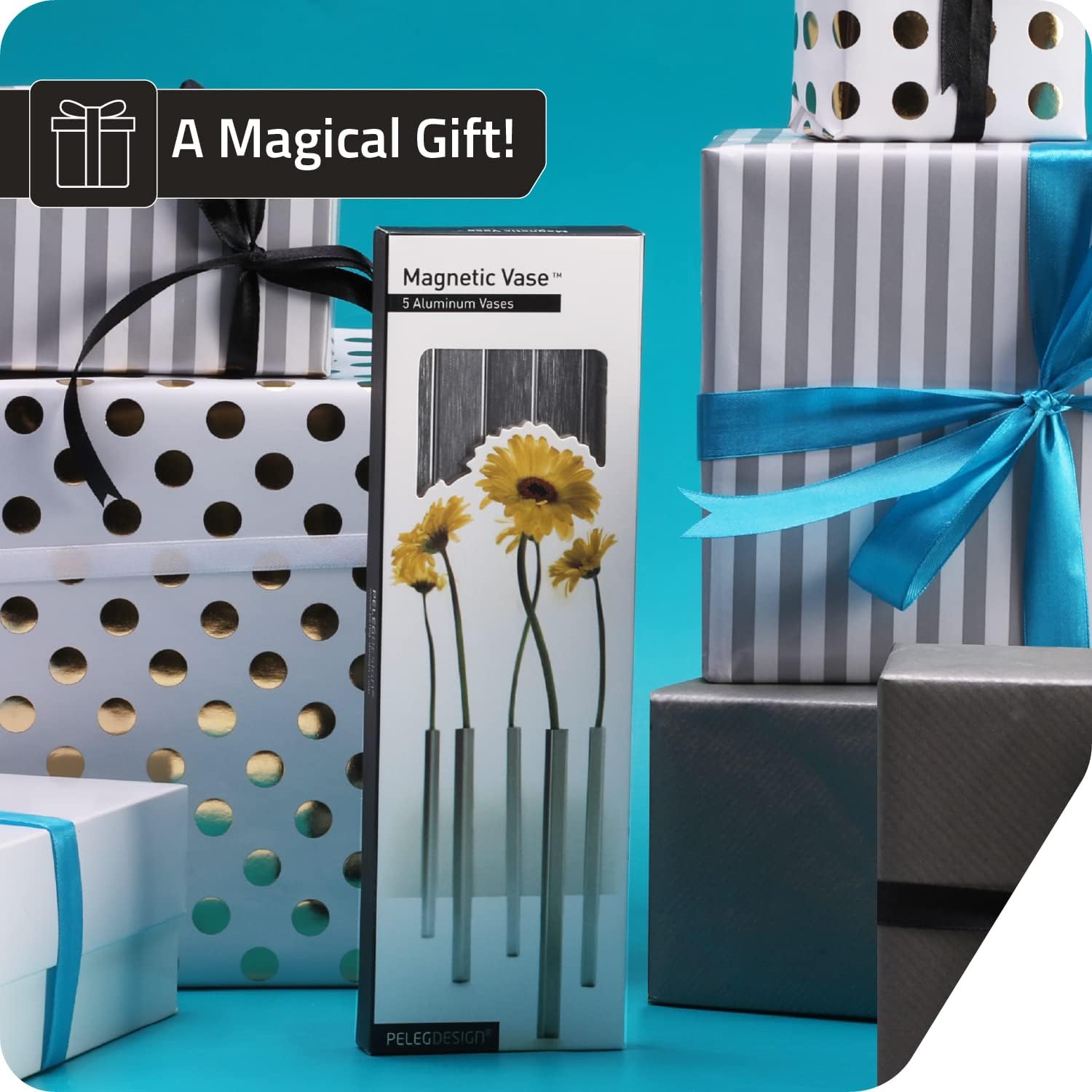 PELEG DESIGN Magnetic Bud Vase Set (Silver) - Unique Home Decor Gift & Modern Table Centerpiece - 10 Aluminum Single Stem Vases - 9.4" Tall Gravity Defying Decor