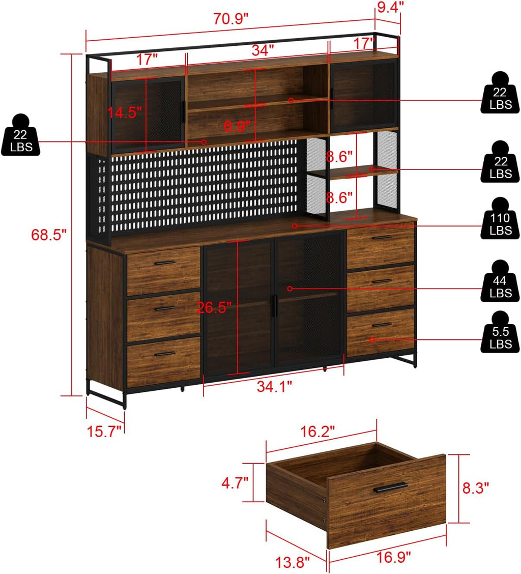 AIEGLE Large Kitchen Hutch Pantry Cabinet, Storage Kitchen Pantry in Metal Frame, Storage Cupboard with Metal Mesh Door, 6 Drawer & Microwave Shelf, for Kitchen Living Room, Brown 70.9" Wide