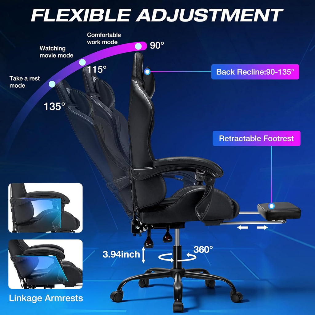 RGB Gaming Chair with LED Lights Massage Ergonomic Game Chairs for Adults High Back Reclining Computer Chair with Footrest Video Game Chair Lumbar Support Racing Style Gamer Chair Grey and Black