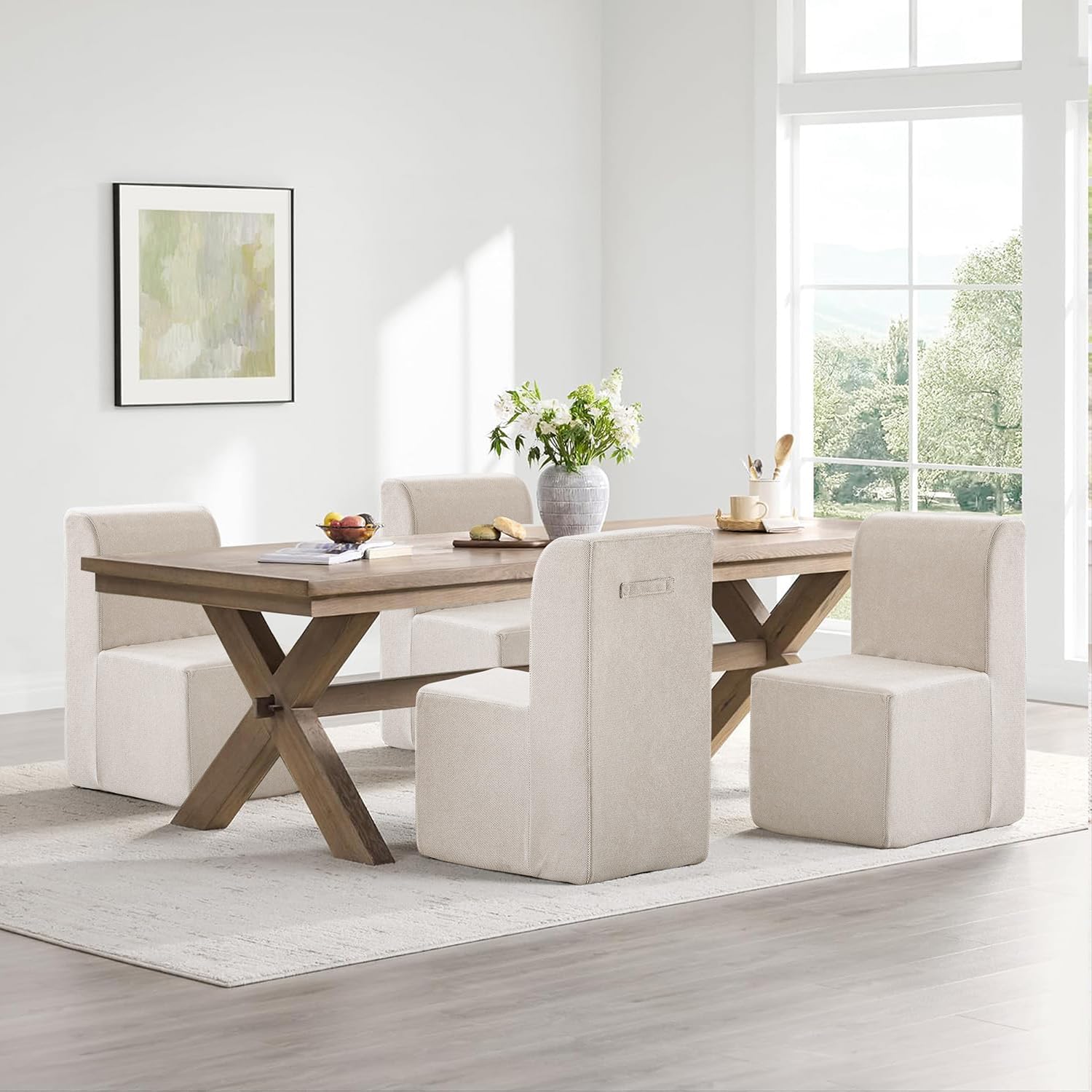 Upholstered Dining Chairs Set of 4, Modern Linen Fabric Dining Room Chairs with Mid Backrest and Padded Seat Cushion, Accent Armless Kitchen Side Chairs for Dining Room, Living Room, Reading Room