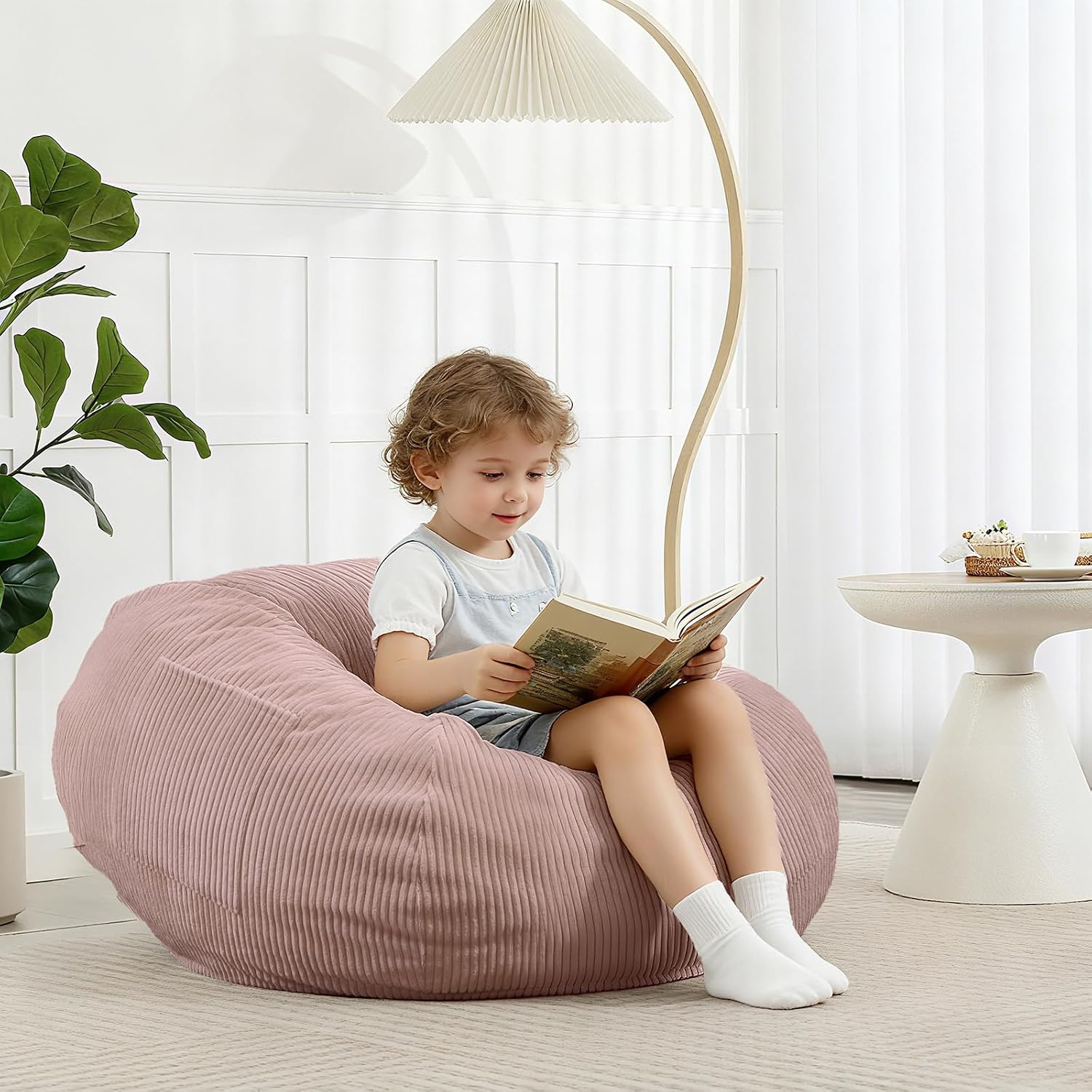 2.5FT Bean Bag Chair with Memory Foam Filling, Pink | Corduroy Fluffy Beanbag Chair for Kids and Teens, Comfy Floor Chair for Living Room Bedroom