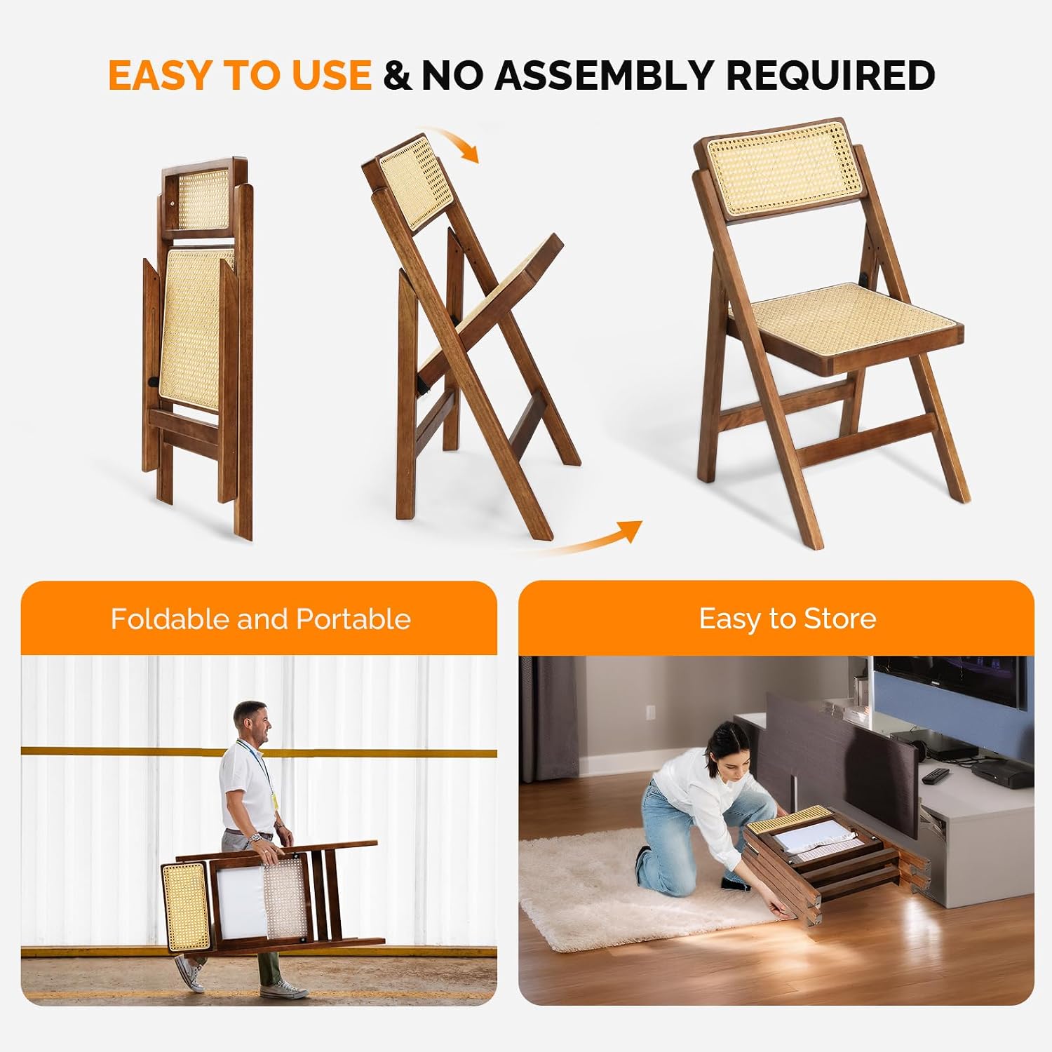 VINGLI 2 Pack Rattan Wooden Folding Chair, Dining Folding Chair with 360° Swivel Backrest, Sturdy Rubberwood Frame and Rattan Woven Seat and Back, Walnut, Set of 2