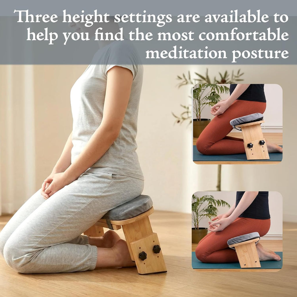 Adjustable Height Meditation Bench with Velvet Cushion, Bamboo Folding Prayer Kneeling Stool Yoga Meditation Chair, Zen Prayer Bench