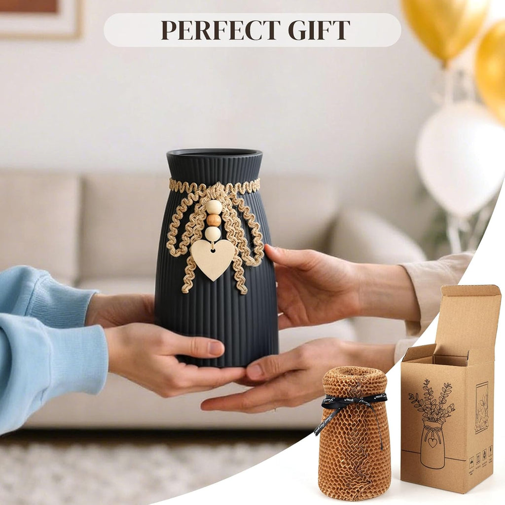 DomeStar Black Ceramic Vase, 6.3" Tall Boho Ribbed Vase for Pampas Grass, Wedding Centerpiece, Coffee Table, Bedroom & Apartment, Neutral Farmhouse Minimalist Modern Home Decor