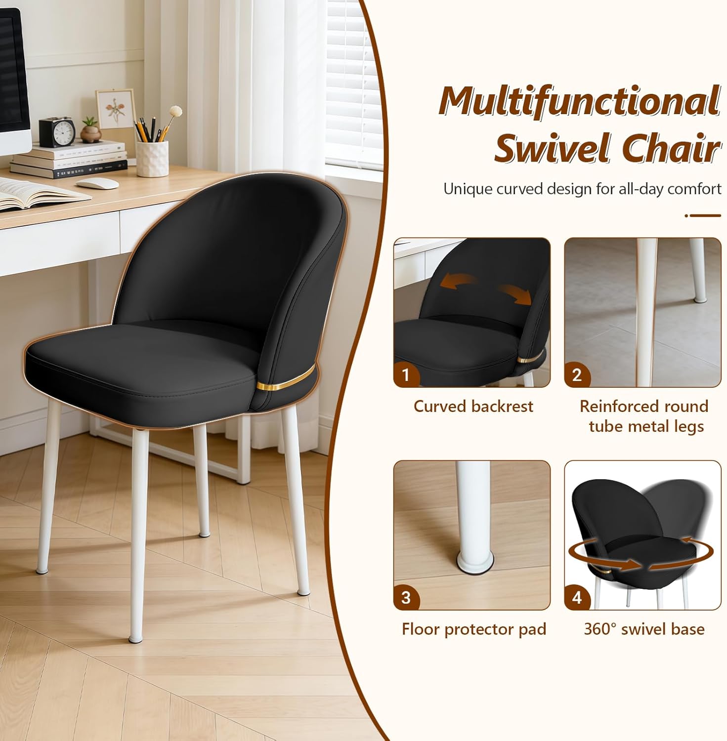 JPBSTO Modern Dining Chairs Set of 4, Swivel Upholstered Fabric Dining Chair with Metal Legs, Curved Backrest for Dining Room, Restaurant, Black