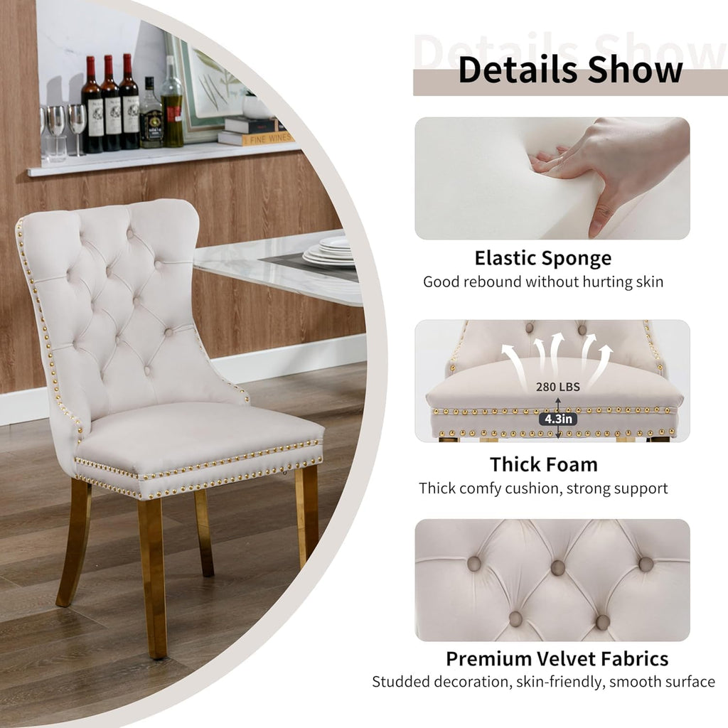 Modern Luxury Glass Dining Set for 6, 63'' Large Minimalist Rectangle Dinner Set for 6, 7 Pieces Clear Glass Top Kitchen Table Set with White & Gold Base, Beige Tufted Chairs, for Apartment