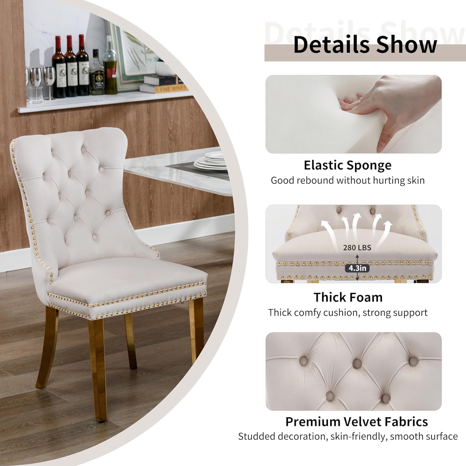 Modern Luxury Glass Dining Set for 6, 63'' Large Minimalist Rectangle Dinner Set for 6, 7 Pieces Clear Glass Top Kitchen Table Set with White & Gold Base, Beige Tufted Chairs, for Apartment