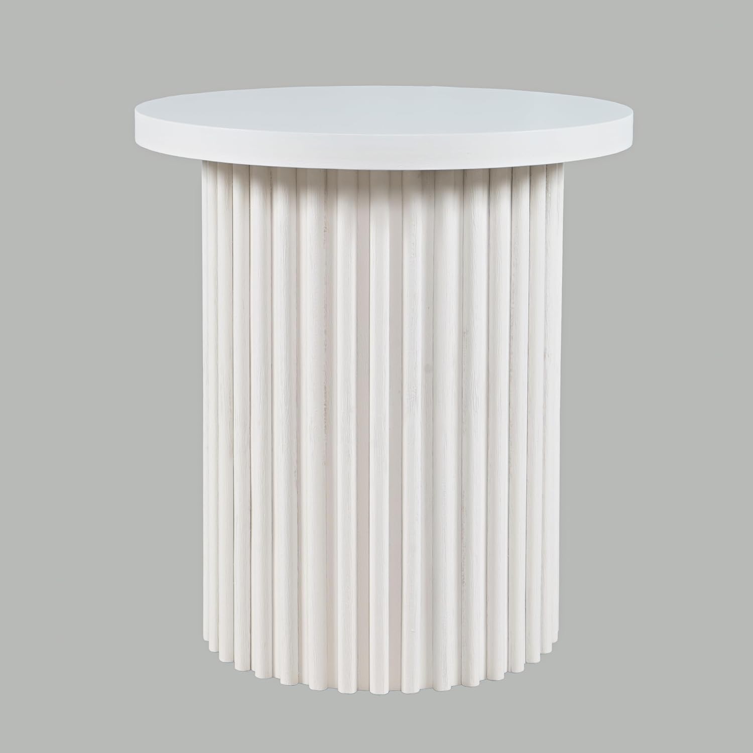 Jofran Round End Table with Fluted Pedestal Base, Mid-Century Modern Side Table for Living Room Bedroom, Accent Table, White