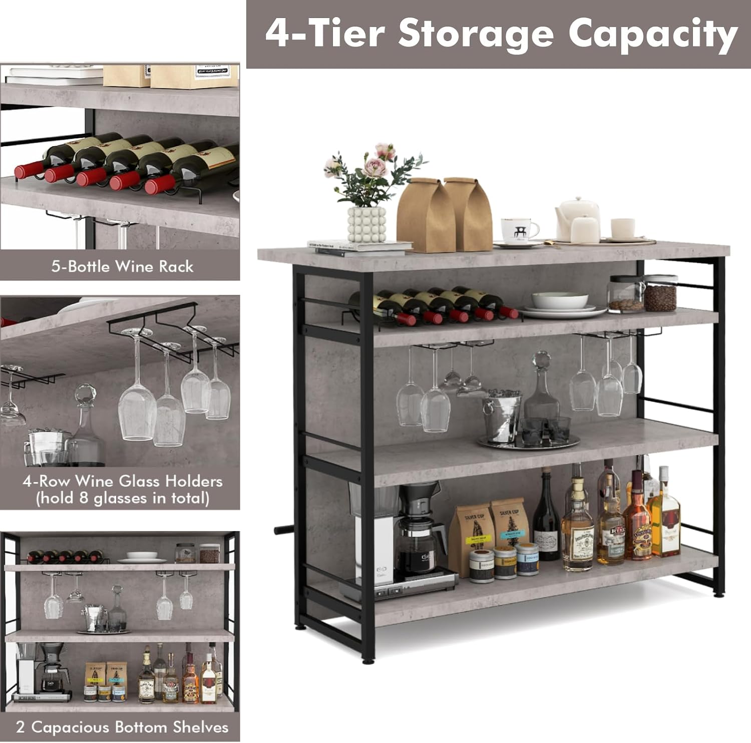 TANGZON 2 in 1 Kitchen Island, Industrial 4-Tier Bar Table with Storage Shelves, Wine Rack, Glass Holders & Footrests, Metal Frame Counter Home Bar Unit Wine Cabinet (Grey)