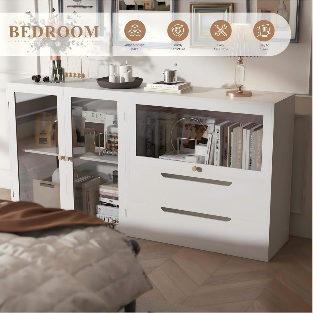 Easyego 63‘’Storage Cabinet,Sideboard Buffet Cabinet with Glass Doors and Drawers,Modern Wood Coffee Bar for Kitchen, Living Room,Dining Room，Entryway (White)