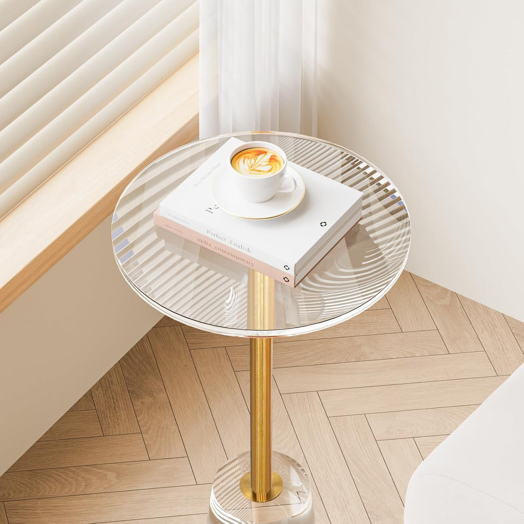 Clear Acrylic Table, Round Modern Side Table, Small End Table, Brushed Brass Metal, Acrylic Furniture for Office, Living Room and Bedroom, 12" L x 12" W x 21.65" H