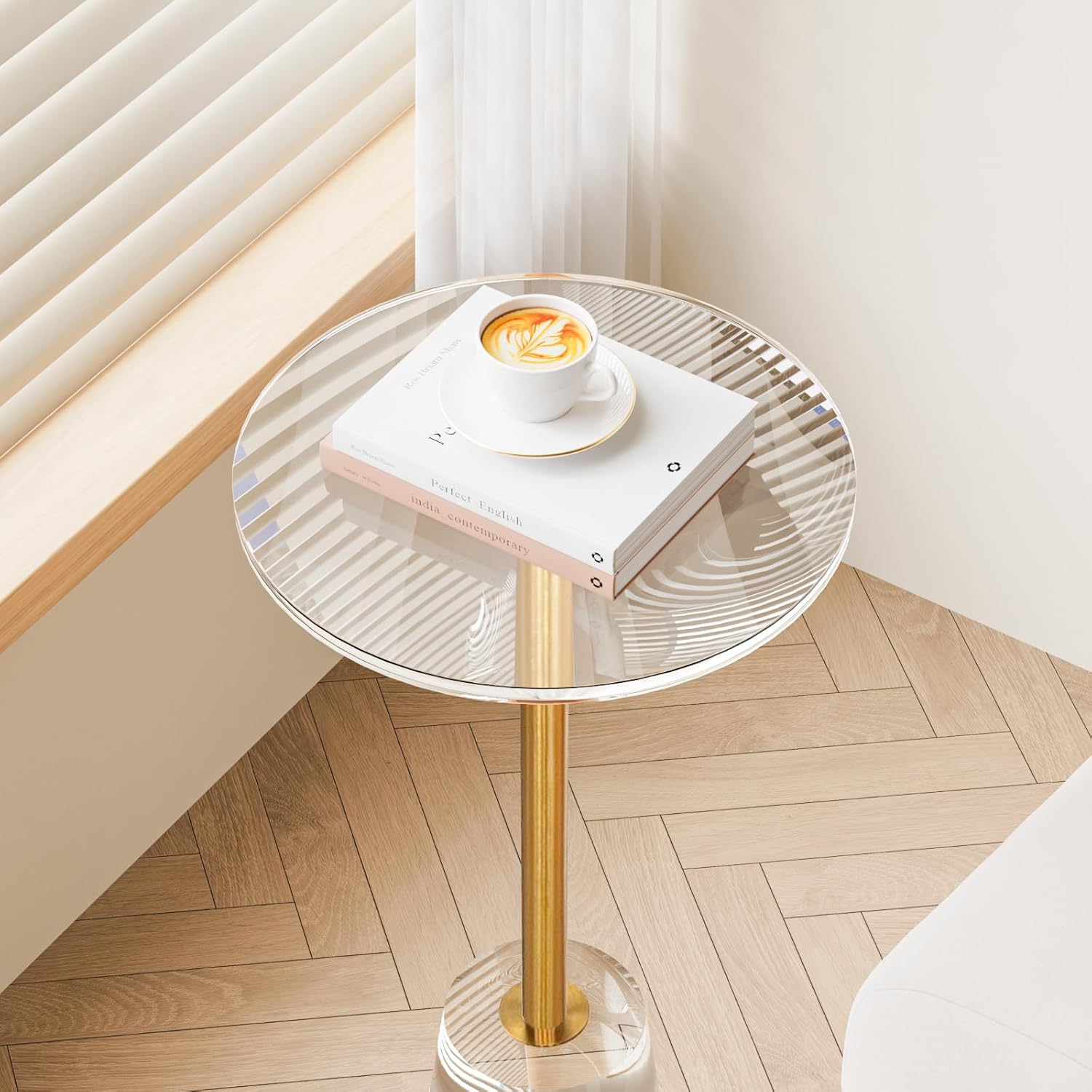 Clear Acrylic Table, Round Modern Side Table, Small End Table, Brushed Brass Metal, Acrylic Furniture for Office, Living Room and Bedroom, 12" L x 12" W x 21.65" H