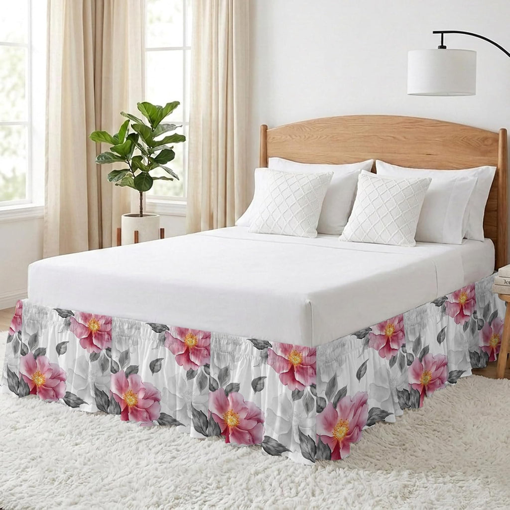 Pink Grey Floral Bed Skirt Cal King Size 16 Inch Drop, Adjustable & Elastic Wrap Around Bed Skirts Pleated Dust Ruffles for Twin Full Queen Cal King Base Bed, Botanical Leaves Spring Chic Flower