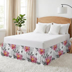 Pink Grey Floral Bed Skirt Cal King Size 16 Inch Drop, Adjustable & Elastic Wrap Around Bed Skirts Pleated Dust Ruffles for Twin Full Queen Cal King Base Bed, Botanical Leaves Spring Chic Flower