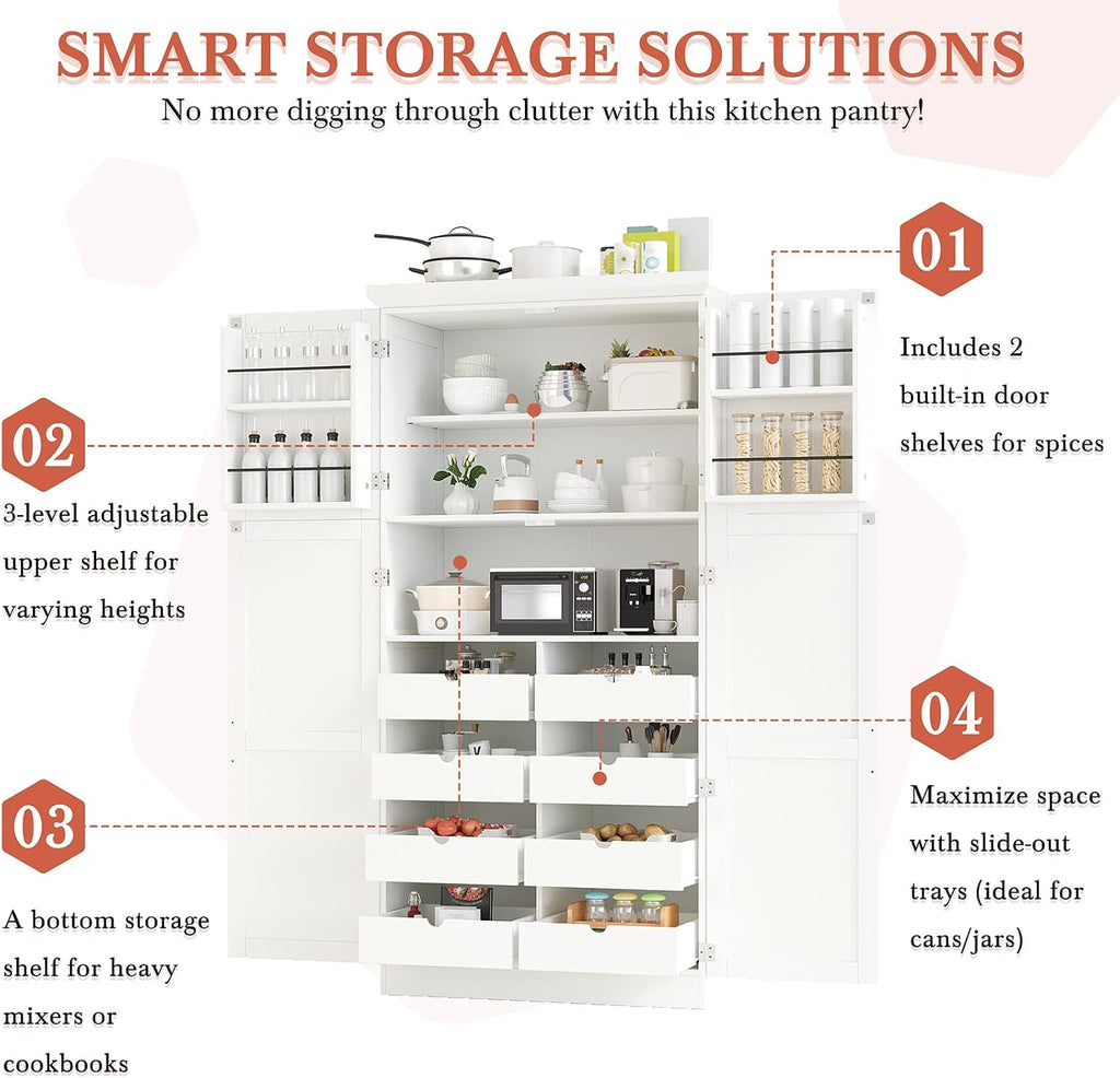 Freestanding Kitchen Pantry Cabinet, Tall Larder Cupboard Storage Cabinet with 4 Doors, 2 Door Shelves, 8 Pull-Out Trays and Adjustable Shelf for Dining Room