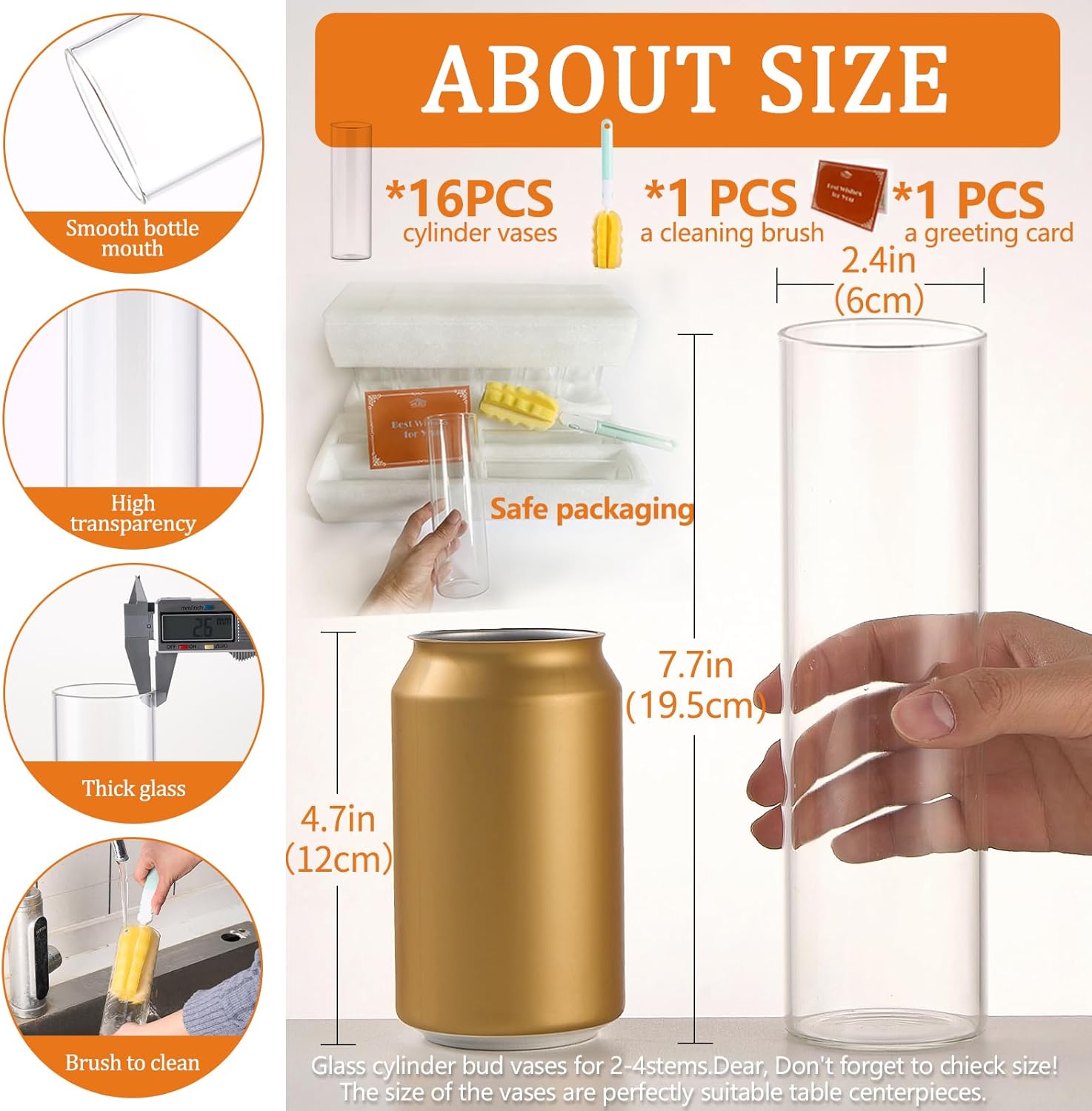 16Pcs Glass Cylinder Bud Vases for Centerpieces,7.7 In Tall Clear Flower Vases in Bulk,Glass Small Vases Floating Candle Holder for Party,Home Decor,Wedding Decoration,Birthday,Anniversary,Baby Shower