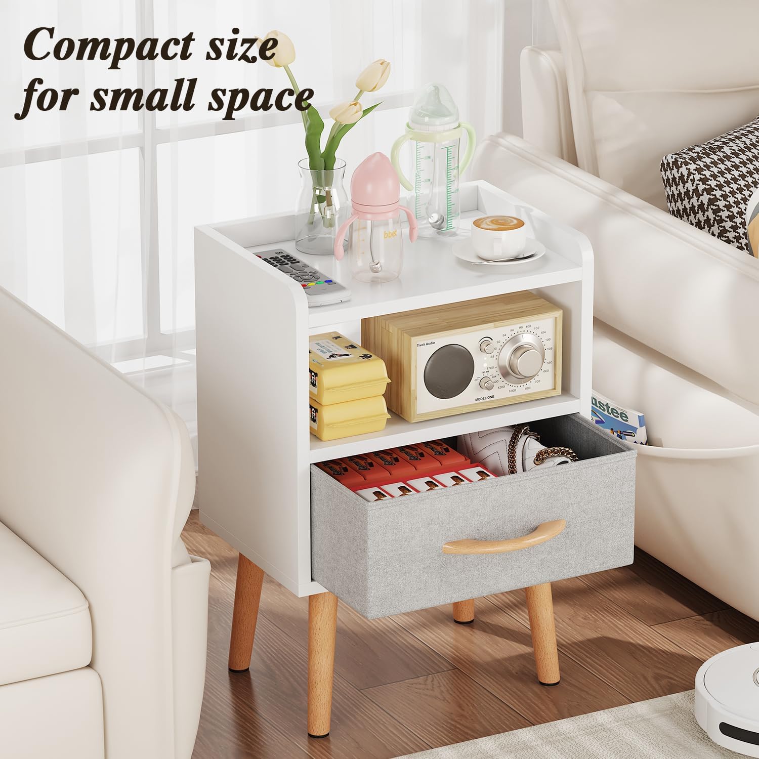 White Nightstand with Drawer, Small Wood Bedside Table, Kids Nightstand | Mid Century Modern Nightstand, Small Bedside Table for Bedroom, Kids Room & Small Spaces.