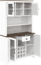 70.9" Kitchen Pantry Storage Cabinet, Rustic Bufft Cabinet with Doors and LED Outlets, Wooden Kitchen Hutch Cabinet with Shelves for Dining Room, White