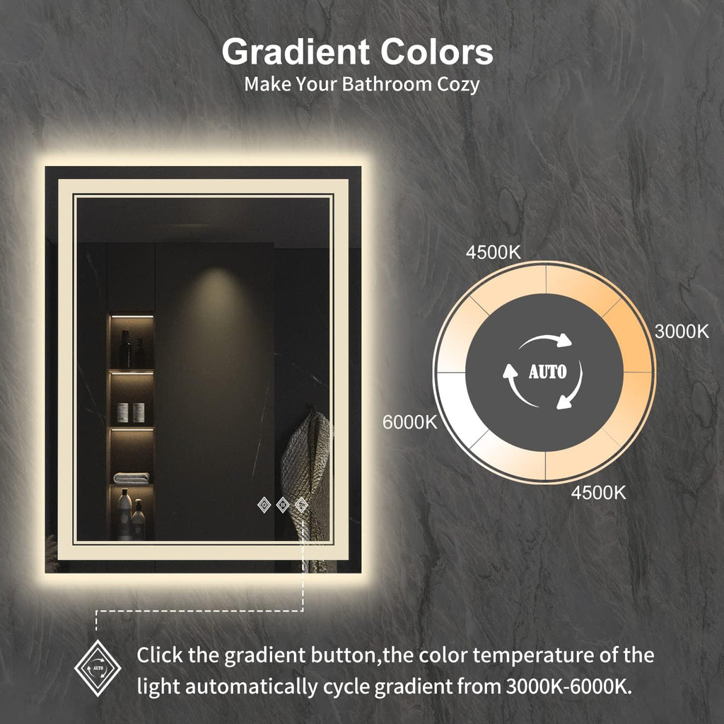 LED Bathroom Mirror, 24x32 Inch Gradient Front and Backlit Vanity Mirror with Lights, 3 Colors Dimmable CRI>90, IP54 Enhanced Anti-Fog, Hanging Plates Bathroom Mirror with Lights