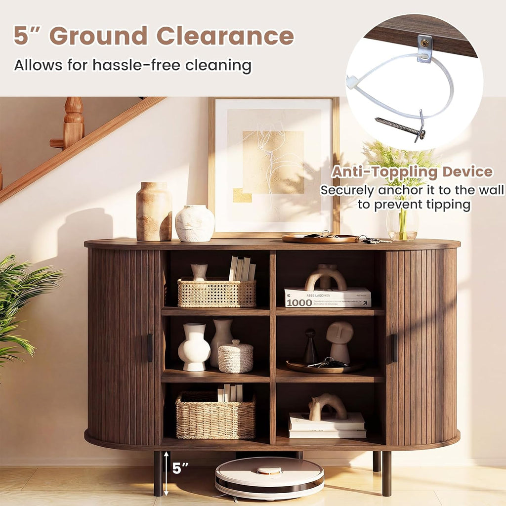 Giantex 47'' Fluted Sideboard Buffet Cabinet with Tambour Sliding Doors, Coffee Bar Console Table w/Metal Legs, Mid Century Storage Credenza Cabinet for Kitchen Dining Room Living Room (Walnut)