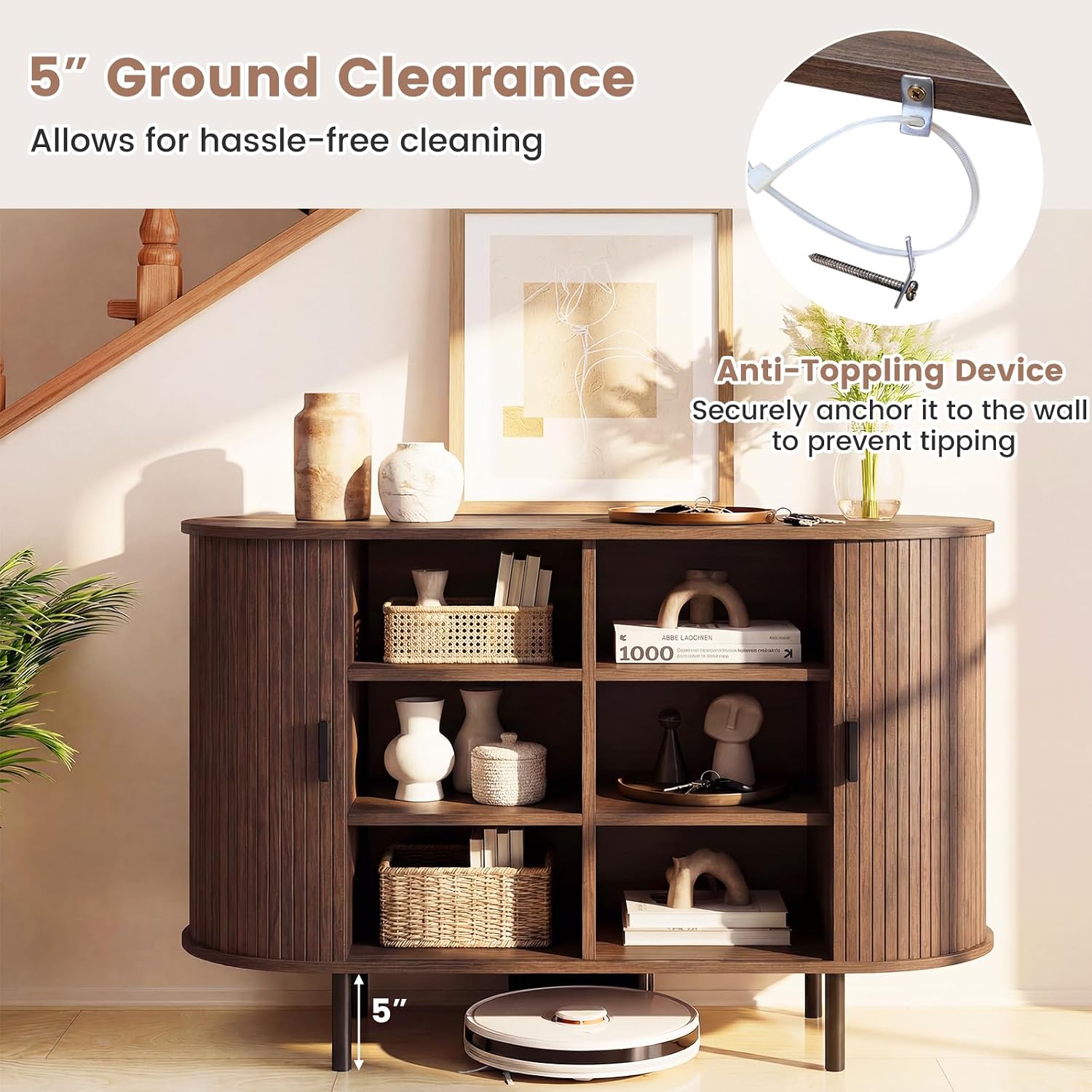 Giantex 47'' Fluted Sideboard Buffet Cabinet with Tambour Sliding Doors, Coffee Bar Console Table w/Metal Legs, Mid Century Storage Credenza Cabinet for Kitchen Dining Room Living Room (Walnut)