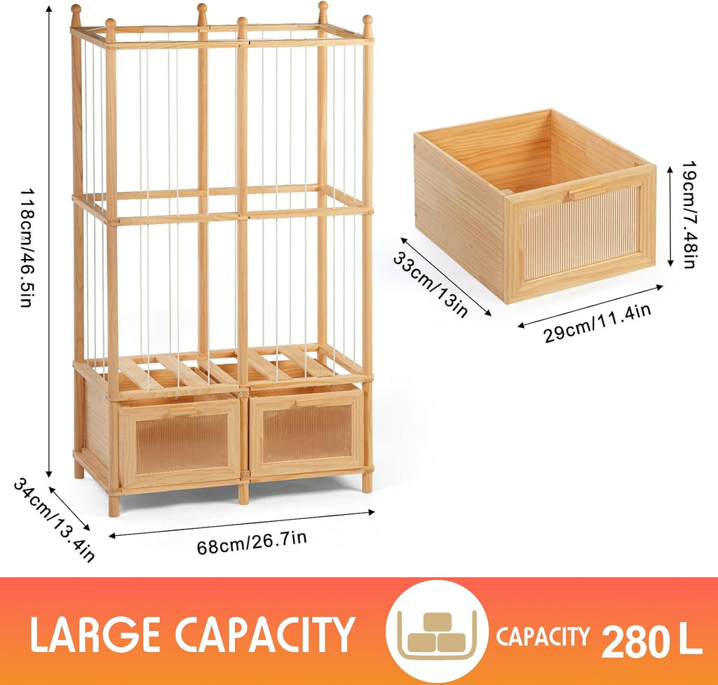 Stuffed Animal Storage with Two Wooden Drawers, 280L Extra Large Capacity Plush Toy Organizer Tower, Solid Wood Stuffed Animal Zoo Storage for Bedroom, Playroom&Home Organization