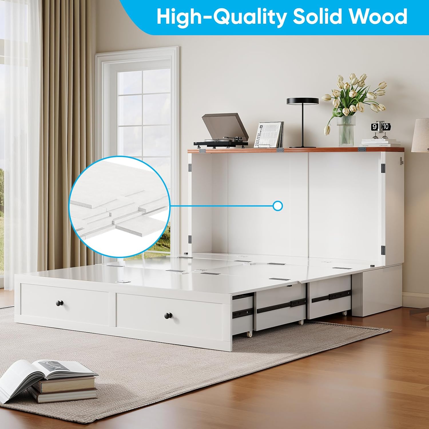 Mjkone 57" W Full Murphy Cabinet Bed, Full Size Murphy Bed with Storage Drawers, Cabinet Beds with USB Charging Station for Small Space, Guest Room, Bedroom, Office, White