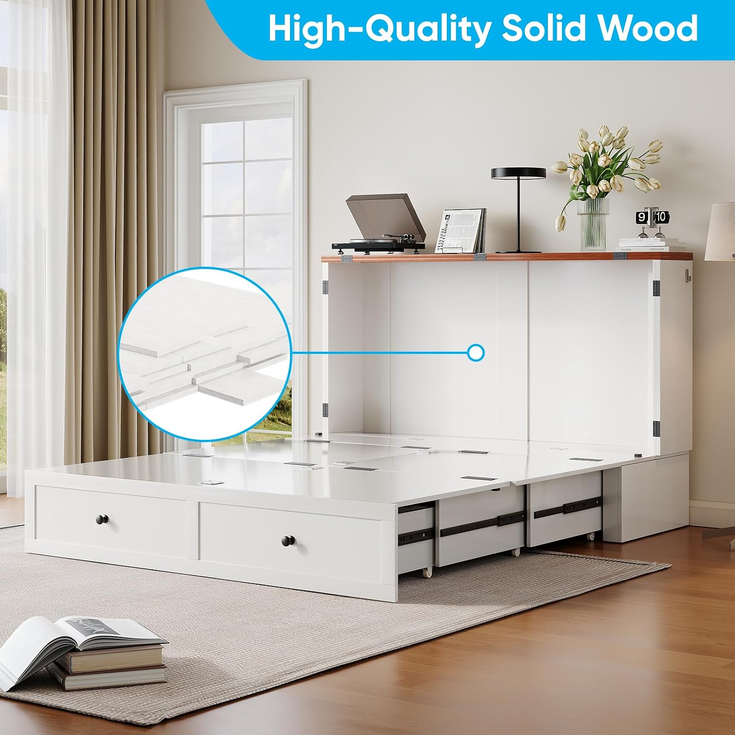 Mjkone Full Murphy Bed Cabinet with Tri-Folding Mattress, Distressed Wooden 57" W Cabinets Wall Chest Beds with Built-in Charging Station & Storage Drawer for Office Guest Bedroom Living Room, White