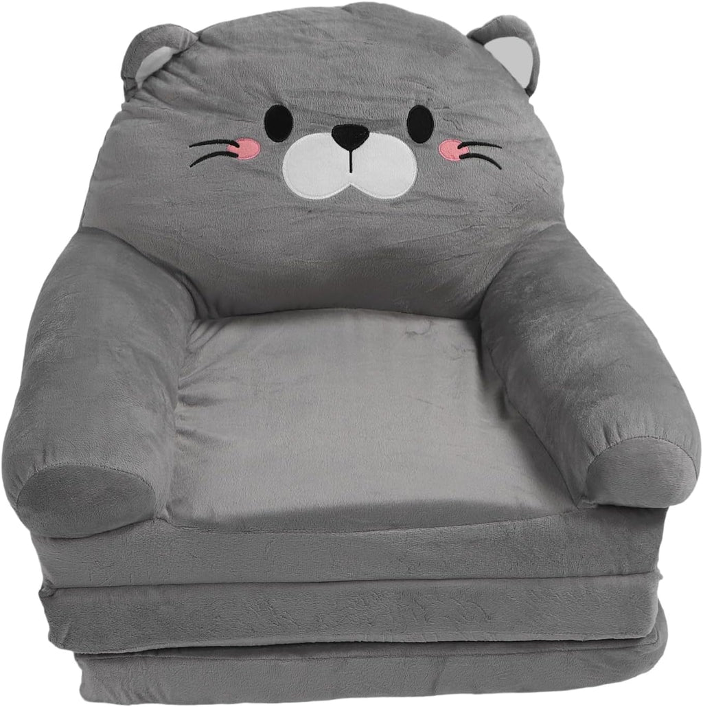 Kids Couch Toddler Chair Plush Cat Design, Foldable Floor Seat Grey 3 Layer - Comfortable Soft Cushion, Portable and, Perfect for Napping and Playing (3 Layers)