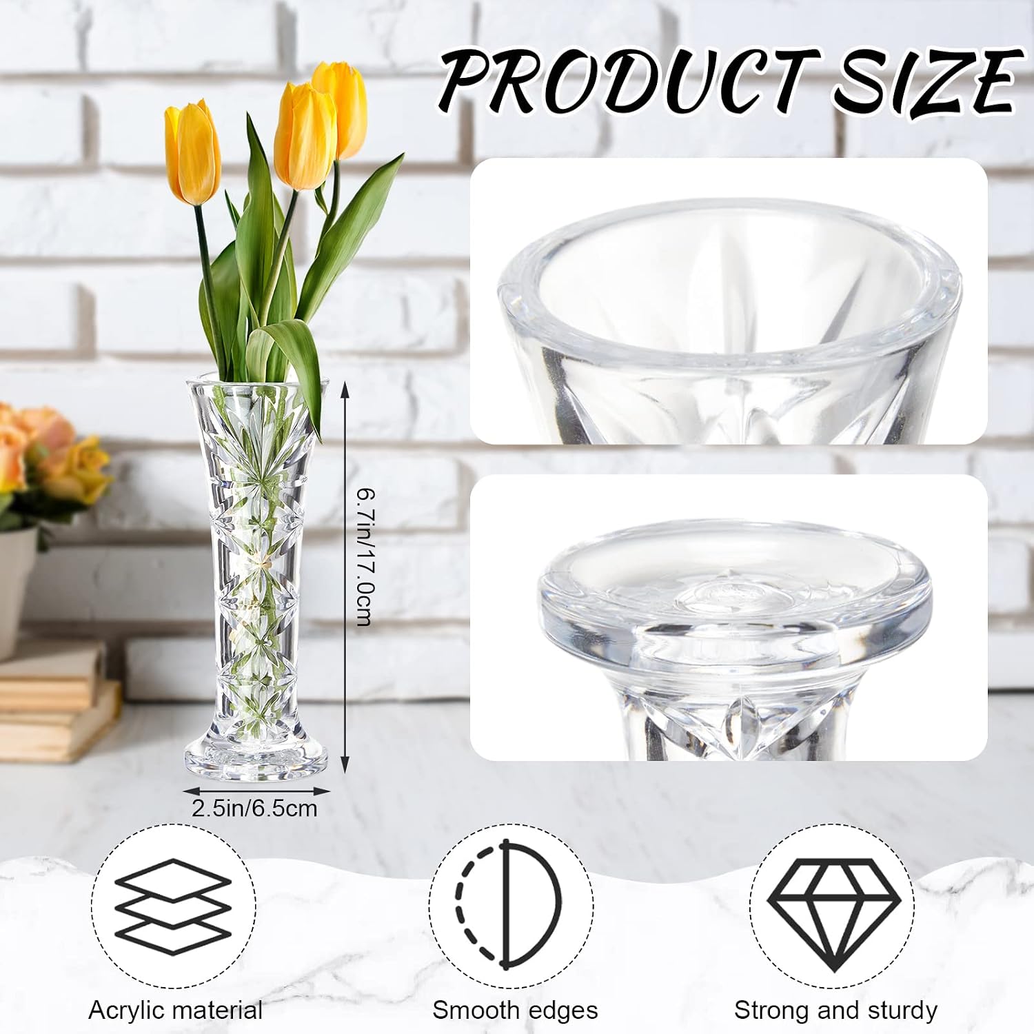 Mumufy 12 Pcs Acrylic Glass Bud Vases for Centerpiece Christmas Clear Plastic Bud Vase Crystal Acrylic Vase Small Break Resistant Flower Vase for Rose Home Decoration(Elegant,2.56 x 6.69 Inch)