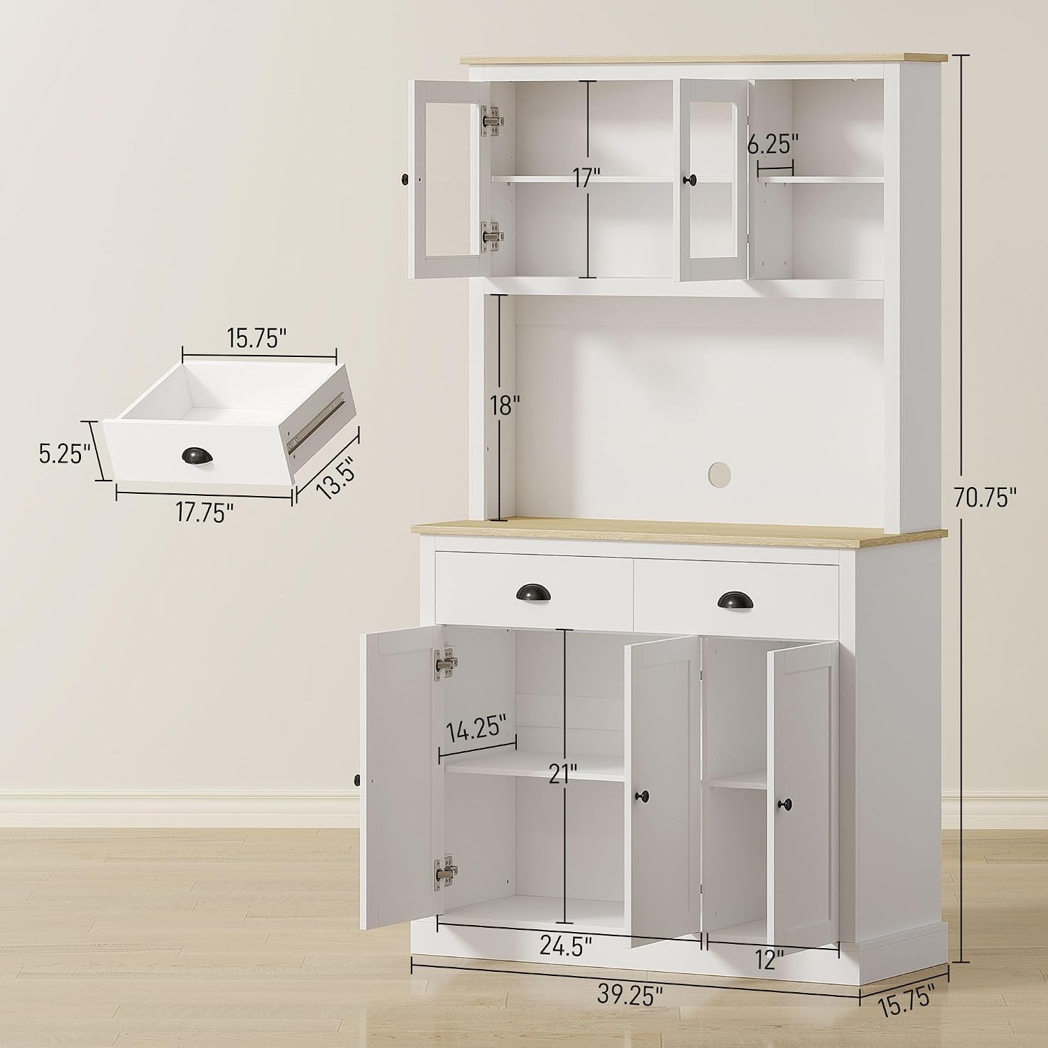 71inch Freestanding Pantry Cabinet — 39.25in Wide, White Finish with Yellow Oak Countertop, 4 Adjustable Shelves, 176lb Max Capacity