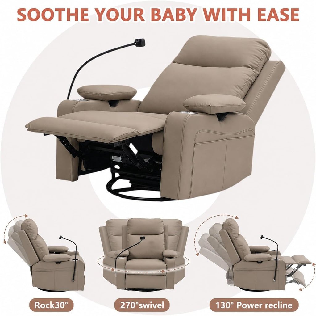Power Glider Chair for Nursery Rocker, Electric Swivel Recliner Rocking Chair with Height-Adjustable Armrests, Rocker Glider Recliner with Cup & Blanket Holders, USB, Remote Control (Brown, 1)