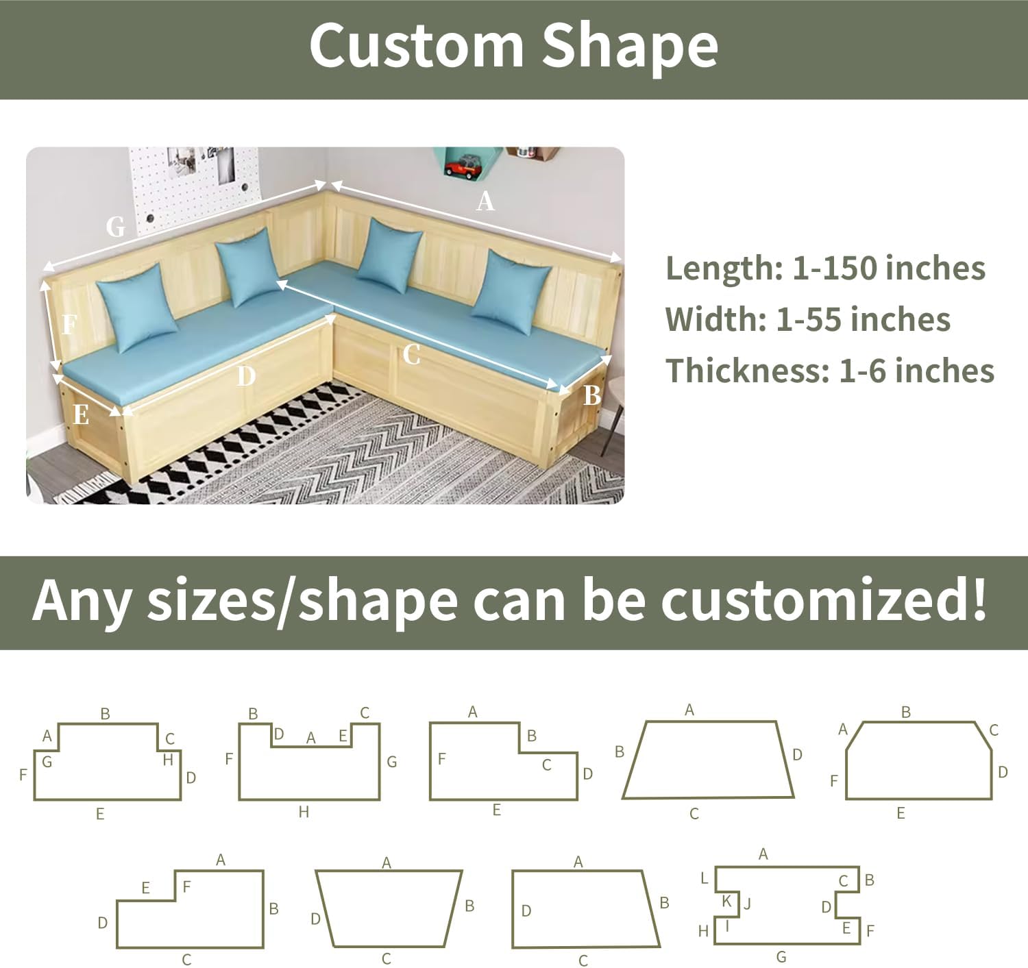 Waterproof Custom Size Bench Cushions for Indoor Outdoor Furniture, Bay Window Seat Cushions Indoor, Custom Cushions for Breakfast/Reading Bench Nook/Dining Entryway Mudroom Bench, Anti-Slip/Scratch