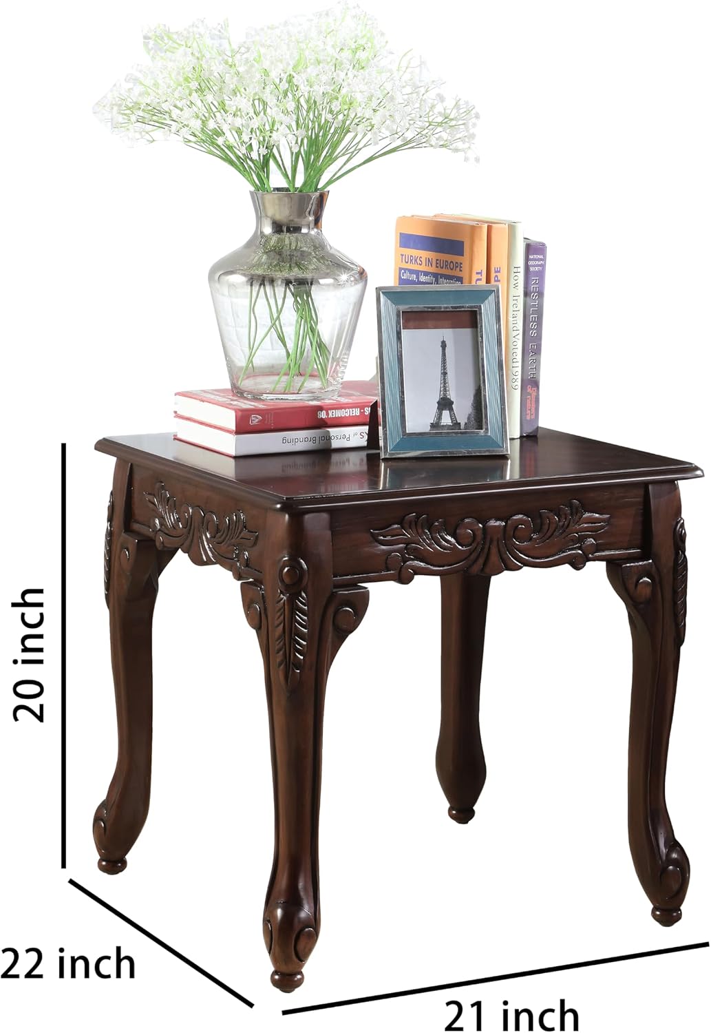Traditional Dark Cherry Wood End Table for Living Room, Vintage Wooden Side Table with Ornate Detailing and Claw Feet