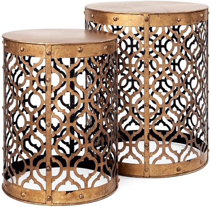 Pemberly Row Gold Cylindrical Metal Accent Tables, Set of 2, 16x15 in, Antique Finish, Moroccan-Inspired Lattice Design, Nesting Versatile Living Room or Home Décor Tables