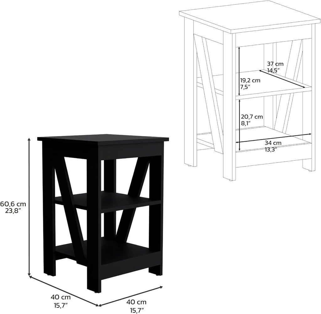 3-Tier End Table Modern Design: Black Wooden Side Table with Slanted Support - Compact 15.7x15.7 Inch for Small Studio Office & Workspace Storage Solution