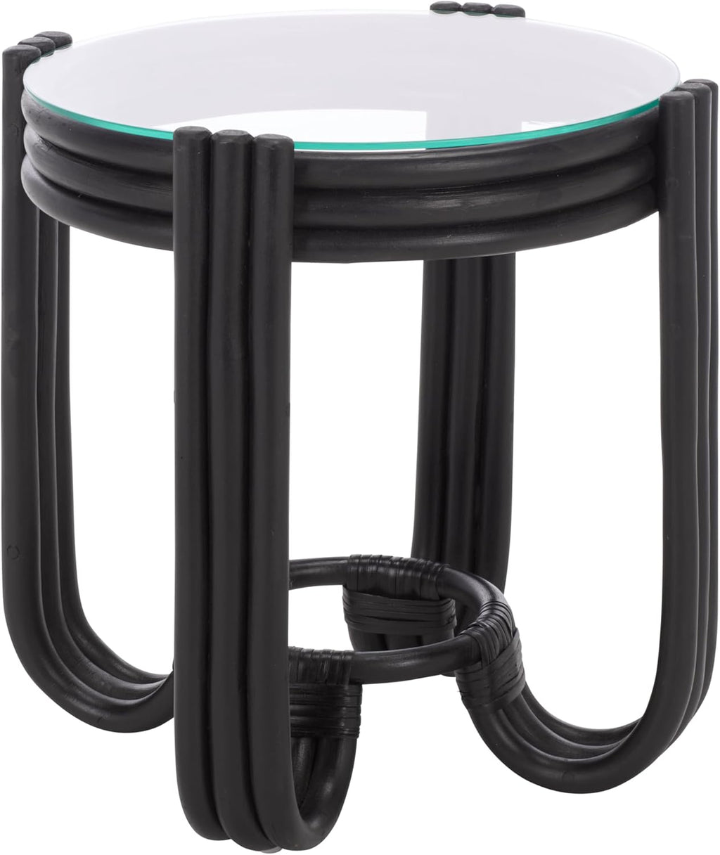 SAFAVIEH Home Collection – Bilian Round Accent Table, Black Rattan Base with Tempered Glass Top, Fully Assembled Accent Table for Living Room or Bedroom (ACC9900C)