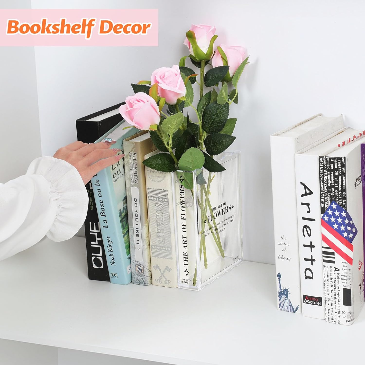 Book-Shaped Vase for Flowers, Book Lovers Gifts, Aesthetic Room Decor Cute Flowers Vases & Must-Have for Home, Bookshelf, Bedroom & Office Decor for Women & Teacher Gift - Like Mothers Day (Clear)