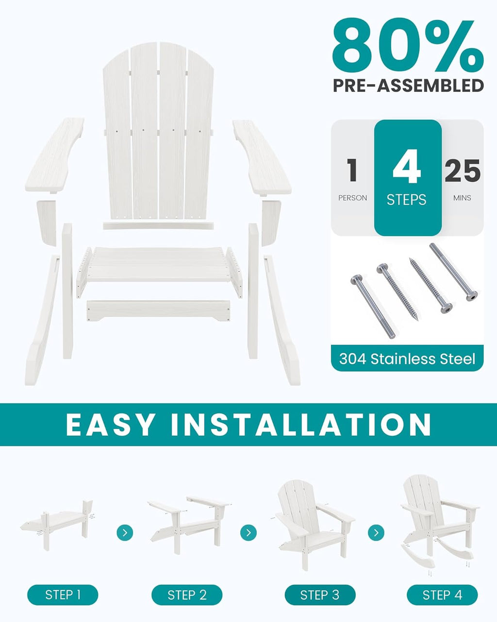 SERWALL Outdoor HDPE Adirondack Rocking Chairs Set of 2 with Pillows, White