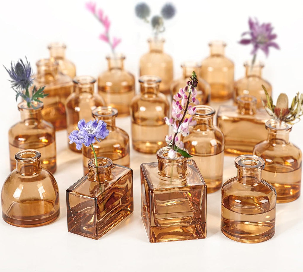 Small Mini Flower Vases - Set of 20 Amber Glass Bud Vases - Vintage Rustic Centerpieces for Weddings, Events & Home Décor - Premium Quality, Timeless Designs