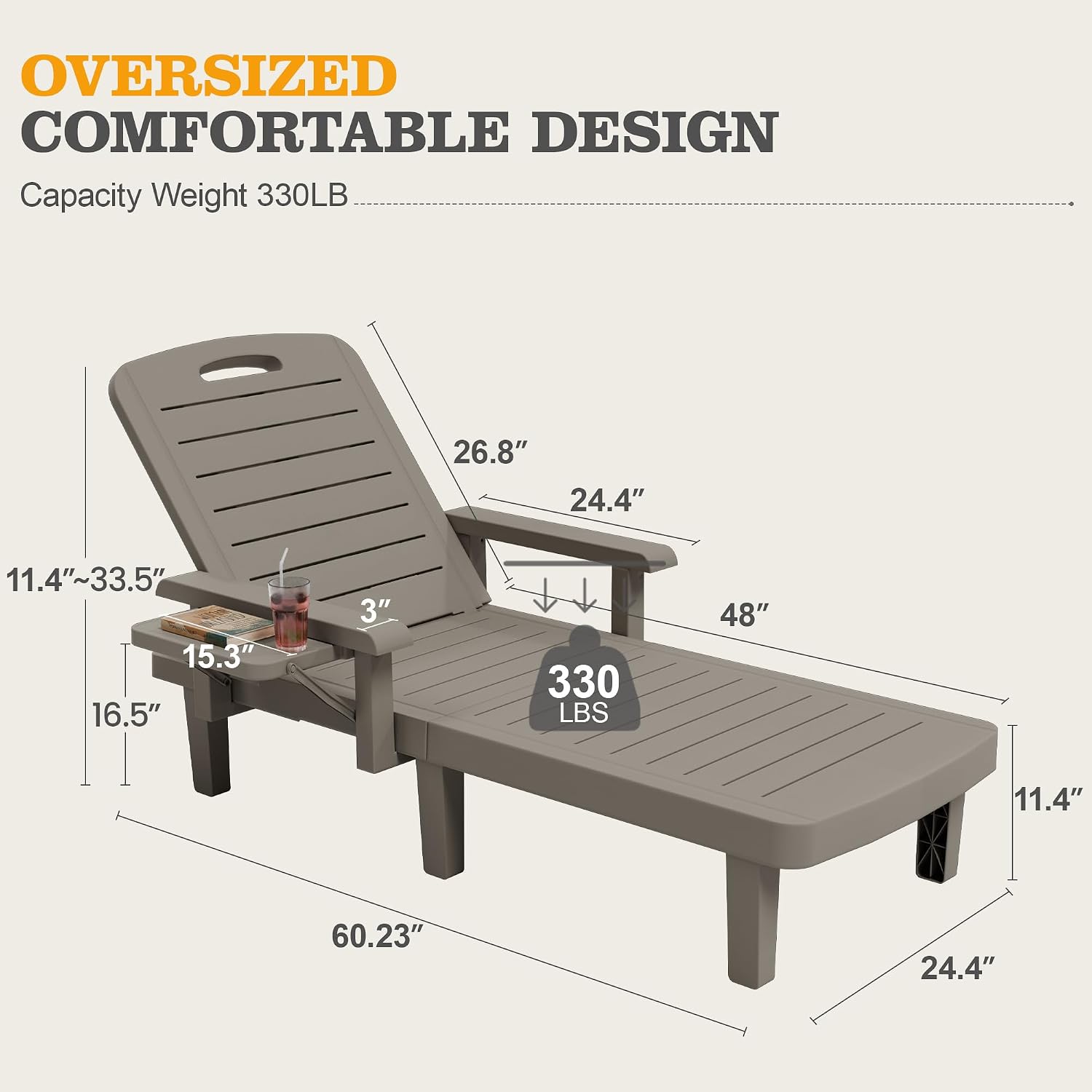 UDPATIO Resin Outdoor Lounge Chair with Armrest Set of 2, 5-Position Adjustable Patio Chaise Chairs, Waterproof Heavy Duty Pool Reclining for Beach, Lawn, Garden, and Deck，Resin A Grey