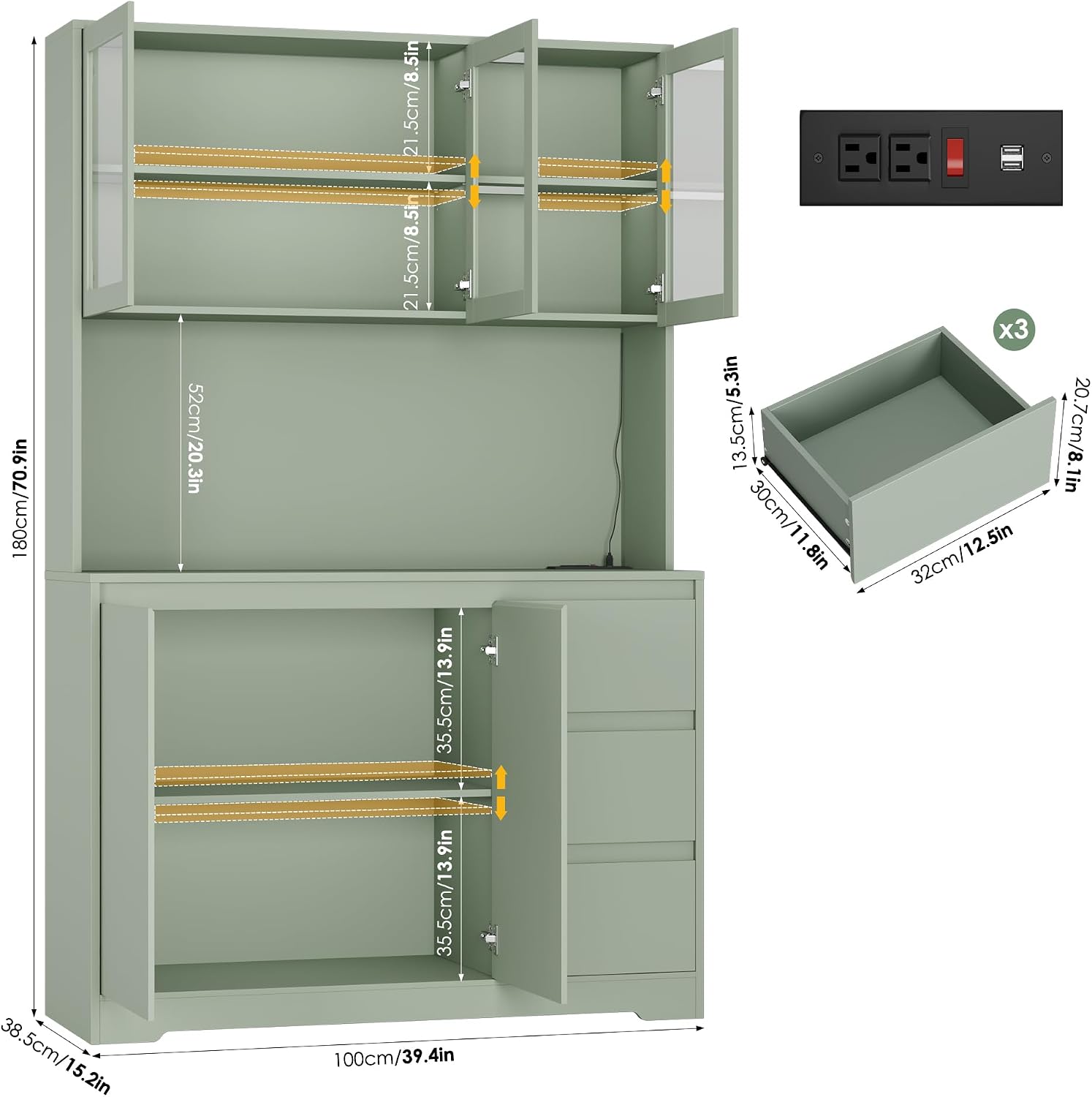 FINETONES 71" Kitchen Pantry Cabinet with LED Lights and Charging Station, Modern Kitchen Hutch Cabinets with Storage and Microwave Stand, Pantry Cabinet Buffet with Countertop, Green