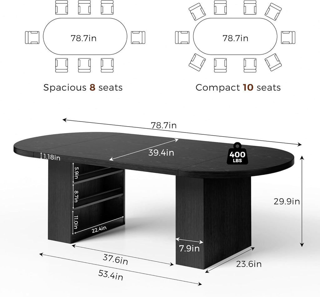 Jocoevol 78.7" Dining Table for 6-10 People, Oval Dining Room Table with 3-Tier Storage Shelf, Modern Black Kitchen Tables with Heavy Duty Pedestal Base for Home, Dining Room, Black