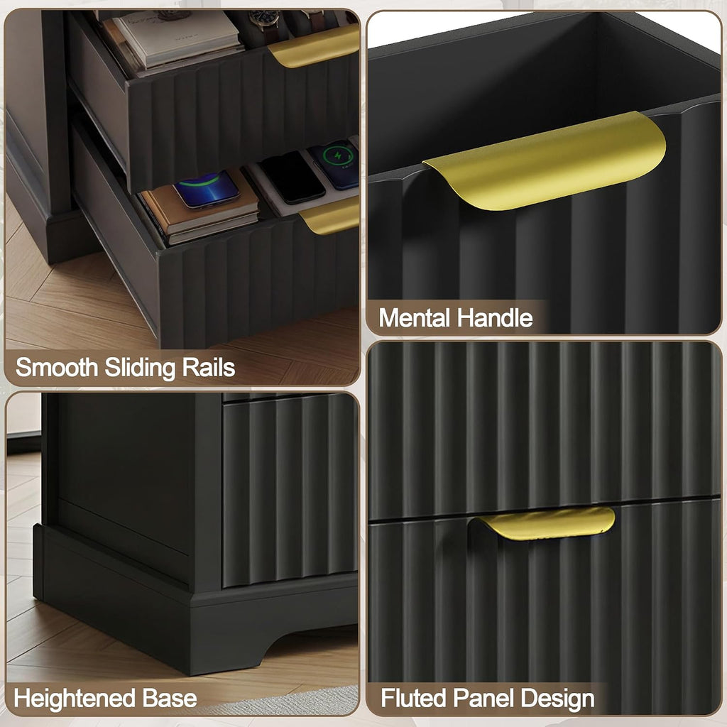 Fluted Nightstand Set of 2, 3 Drawers Modern | Metal Handles, Large Bedside Table, Bedroom, Charging Stations With USB-C Port, Black