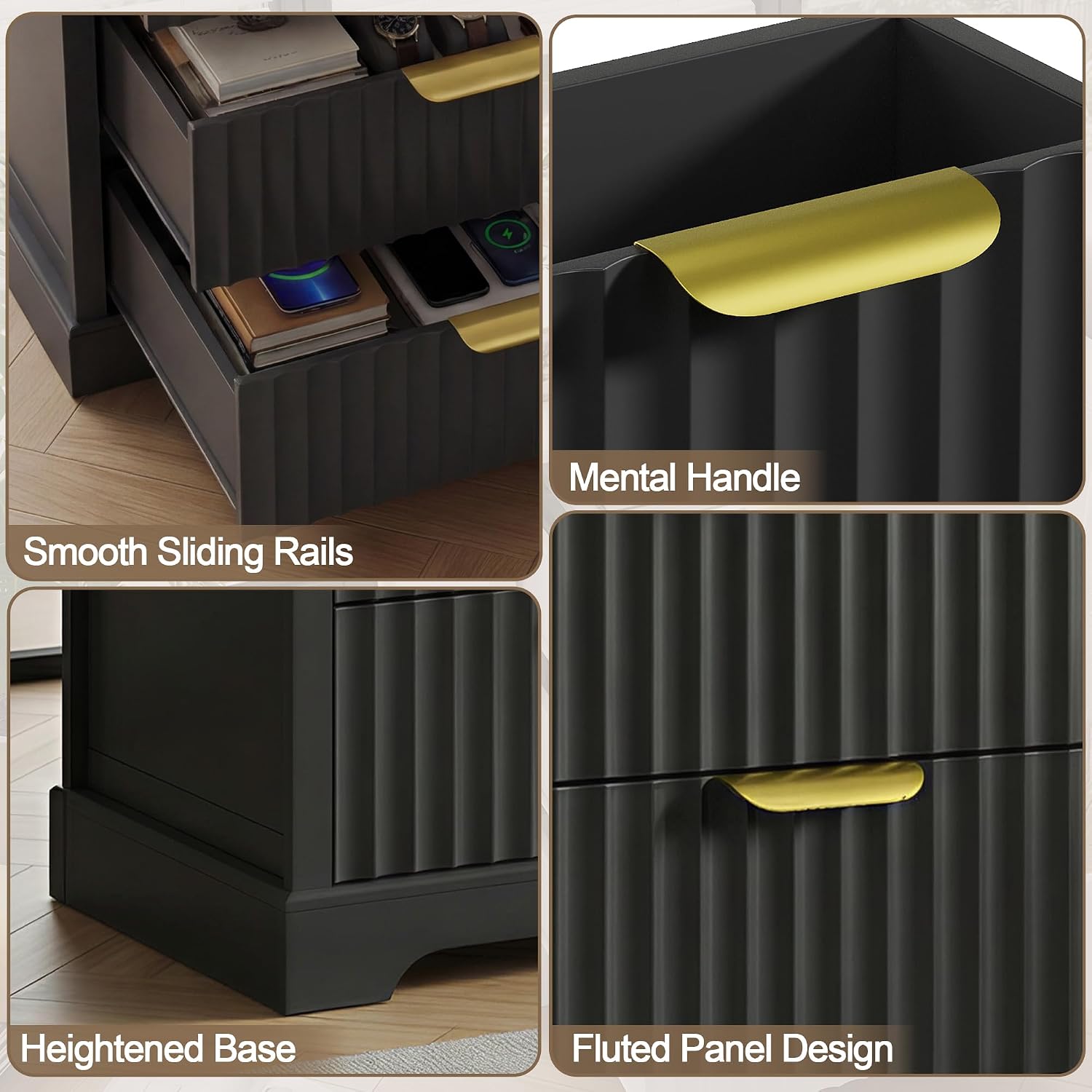 Fluted Nightstand Set of 2, 3 Drawers Modern | Metal Handles, Large Bedside Table, Bedroom, Charging Stations With USB-C Port, Black