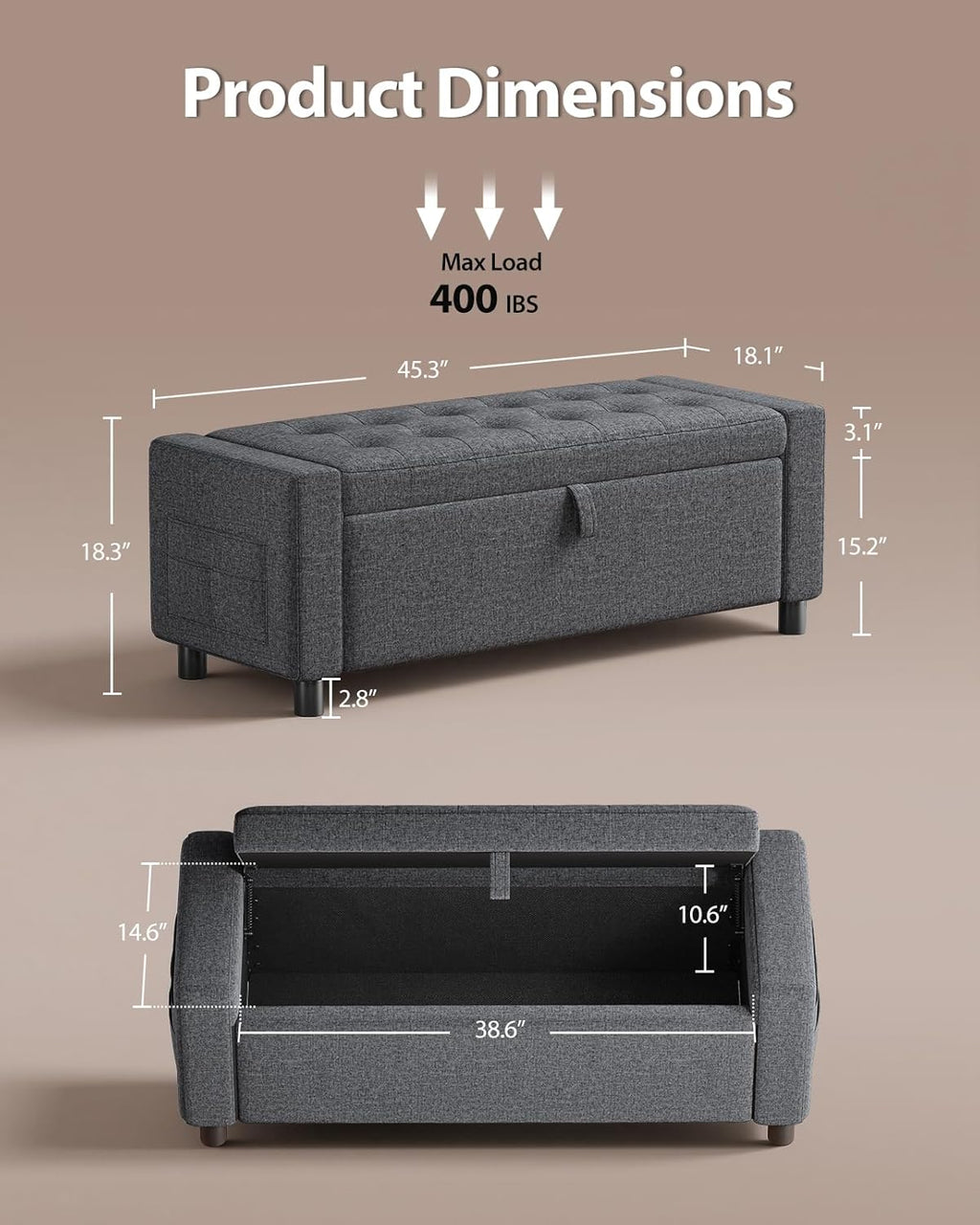 Amada 46" Ottoman with Storage,Storage Ottoman Bench with Safety Hinge, Hidden Compartment & Side Pocket, 400 lbs Weight Capacity, end of Bed/Entryway Bench for Bedroom/Living Room, Dark Gray