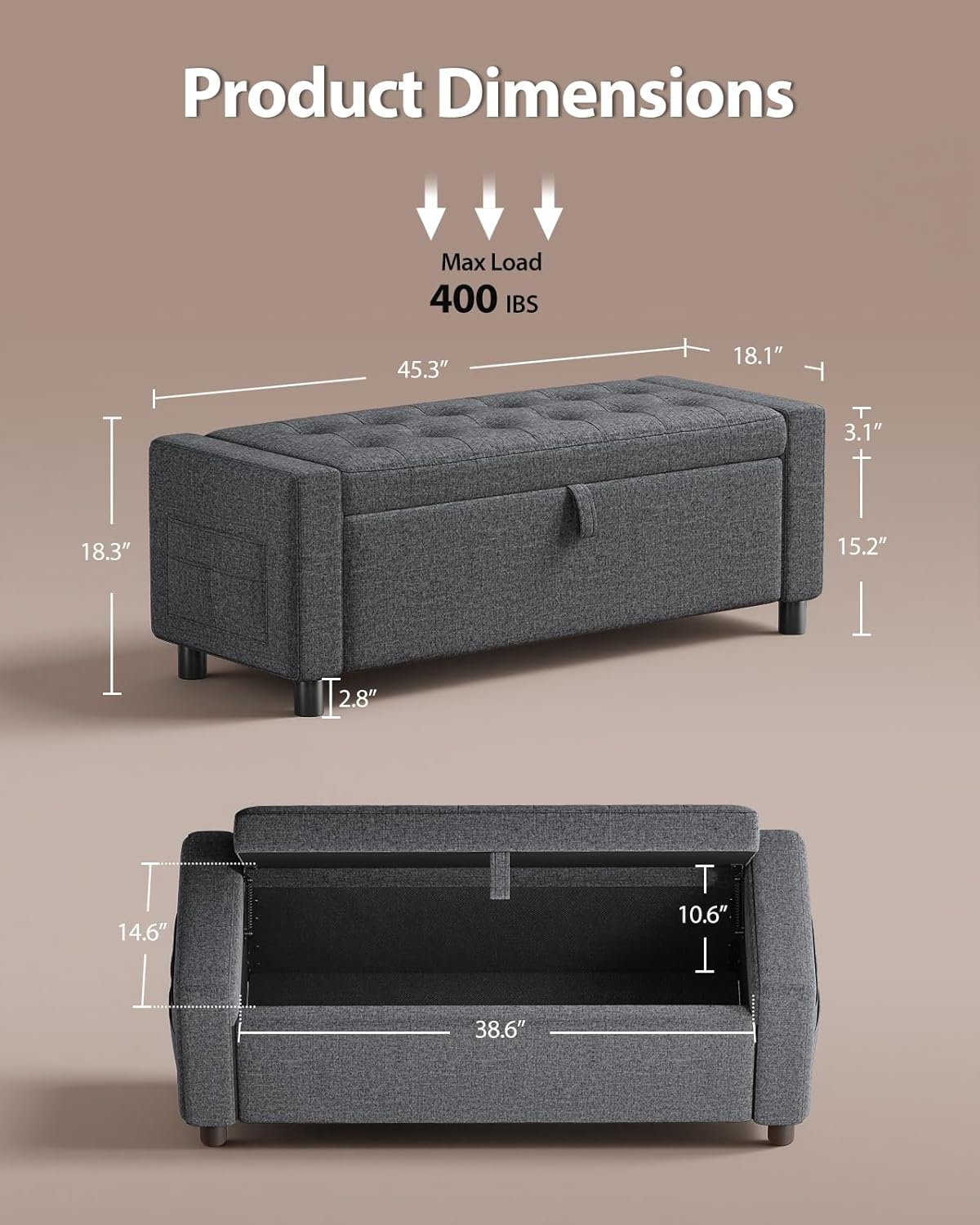 Amada 46" Ottoman with Storage,Storage Ottoman Bench with Safety Hinge, Hidden Compartment & Side Pocket, 400 lbs Weight Capacity, end of Bed/Entryway Bench for Bedroom/Living Room, Dark Gray
