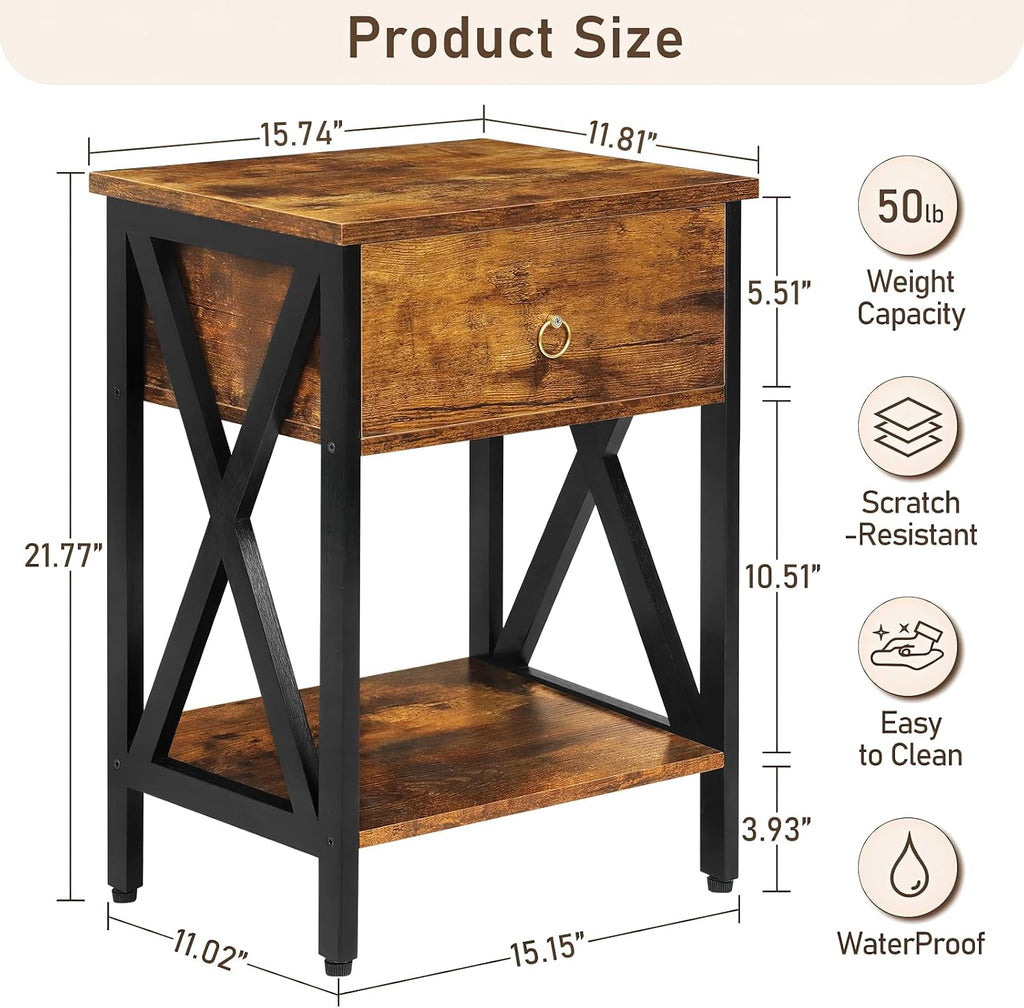 JMLHMXC Nightstands Industrial Bedside End Tables with Drawer and Storage Shelf,Small Side Table for Bedroom, Living Room, Sofa Couch,Brown Set of 2